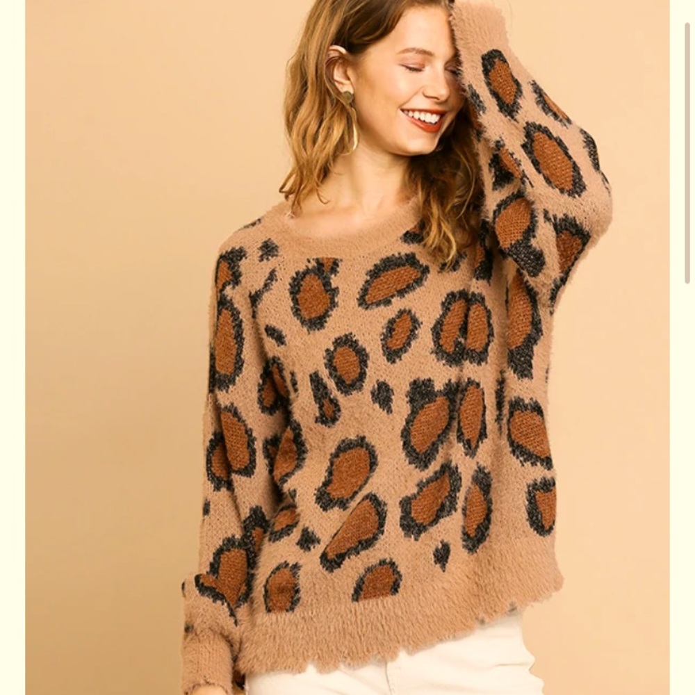Umgee Cream Mix Animal Print Fuzzy Soft Sweater